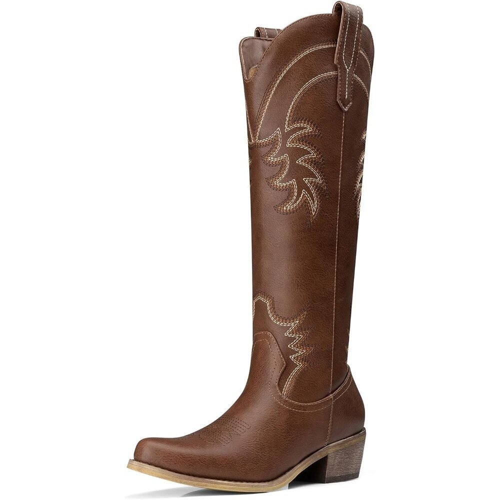 Women's Brown Comfortable Pointed Toe Knee High Cowgirl Boots Chunky Low Heel